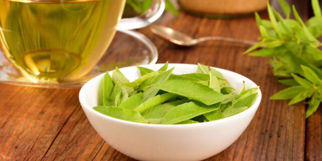 Lemon,Verbena,Leaves,On,White,Bowl,And,Verbena,Tea,On